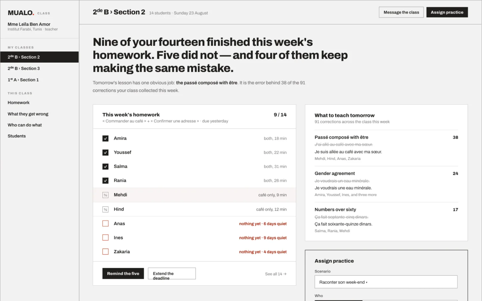 Design preview of the teacher’s class view